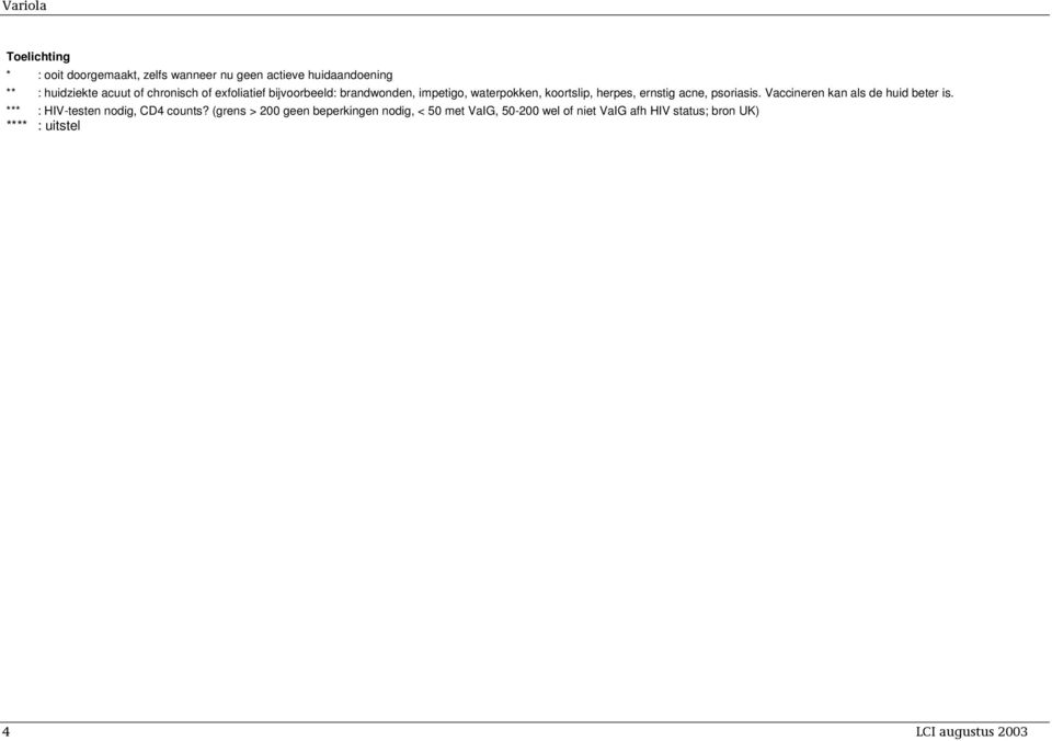 ernstig acne, psoriasis. Vaccineren kan als de huid beter is. *** : HIV-testen nodig, CD4 counts?