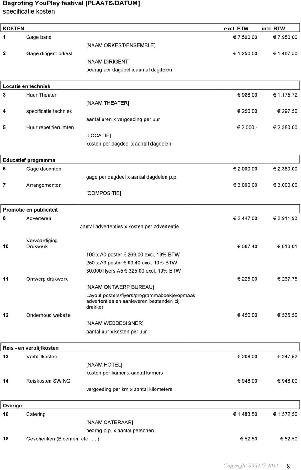 175,72 [NAAM THEATER] 4 specificatie techniek 250,00 297,50 aantal uren x vergoeding per uur 5 Huur repetitieruimten 2.000,- 2.