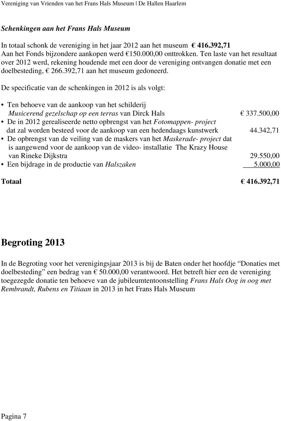 De specificatie van de schenkingen in 2012 is als volgt: Ten behoeve van de aankoop van het schilderij Musicerend gezelschap op een terras van Dirck Hals 337.
