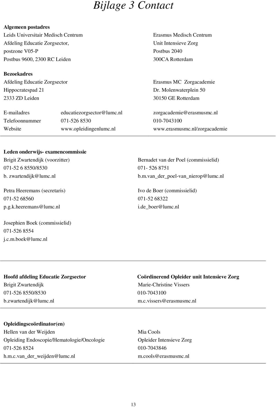 nl Erasmus MC Zorgacademie Dr. Molenwaterplein 50 30150 GE Rotterdam zorgacademie@erasmusmc.nl 010-7043100 www.erasmusmc.nl/zorgacademie Leden onderwijs- examencommissie Brigit Zwartendijk (voorzitter) 071-52 6 8550/8530 b.