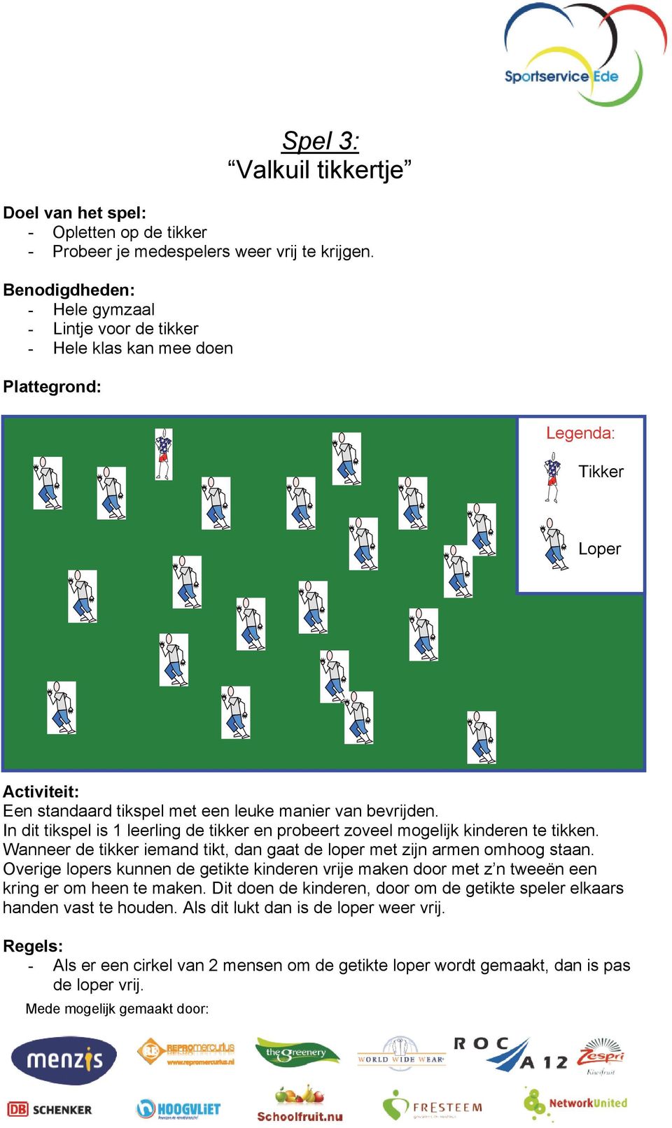 In dit tikspel is 1 leerling de tikker en probeert zoveel mogelijk kinderen te tikken. Wanneer de tikker iemand tikt, dan gaat de loper met zijn armen omhoog staan.