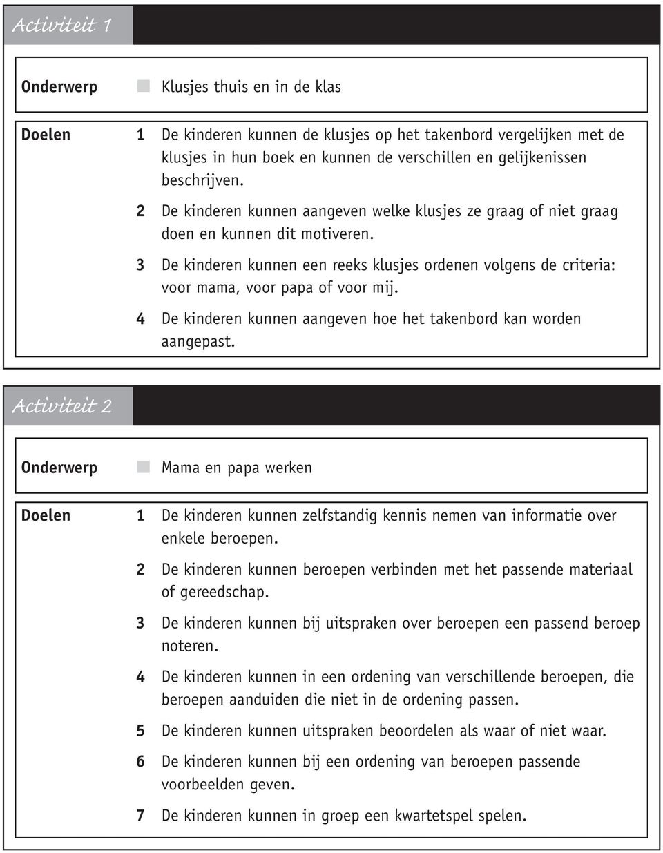 4 De kinderen kunnen aangeven hoe het takenbord kan worden aangepast. Activiteit 2 Mama en papa werken Doelen 1 De kinderen kunnen zelfstandig kennis nemen van informatie over enkele beroepen.