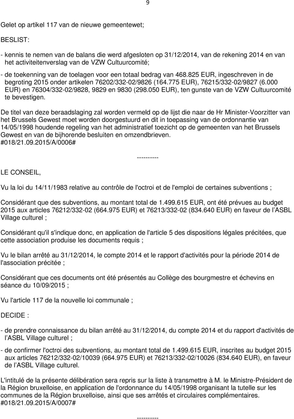 000 EUR) en 76304/332-02/9828, 9829 en 9830 (298.050 EUR), ten gunste van de VZW Cultuurcomité te bevestigen.