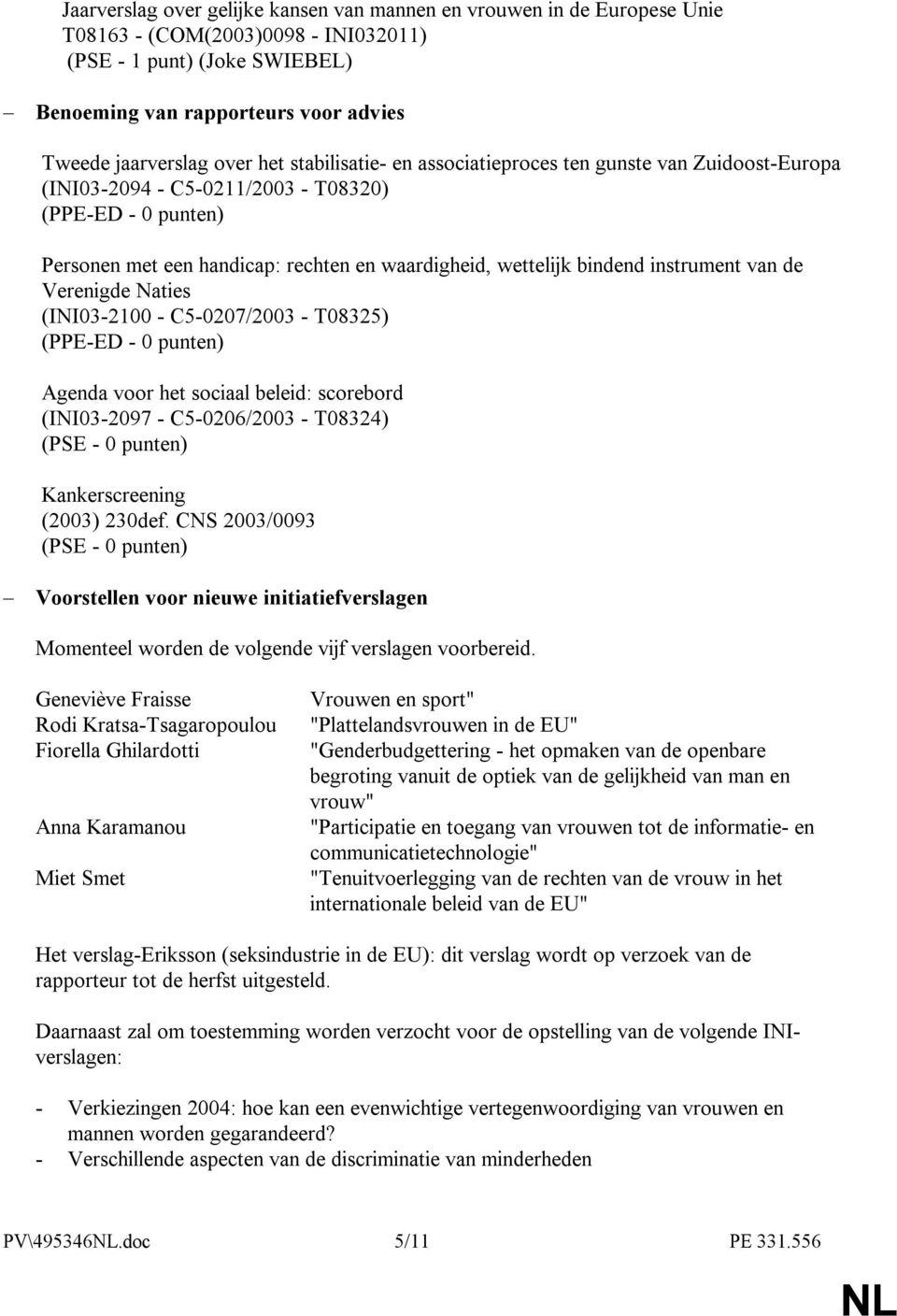 instrument van de Verenigde Naties (INI03-2100 - C5-0207/2003 - T08325) (PPE-ED - 0 punten) Agenda voor het sociaal beleid: scorebord (INI03-2097 - C5-0206/2003 - T08324) (PSE - 0 punten)