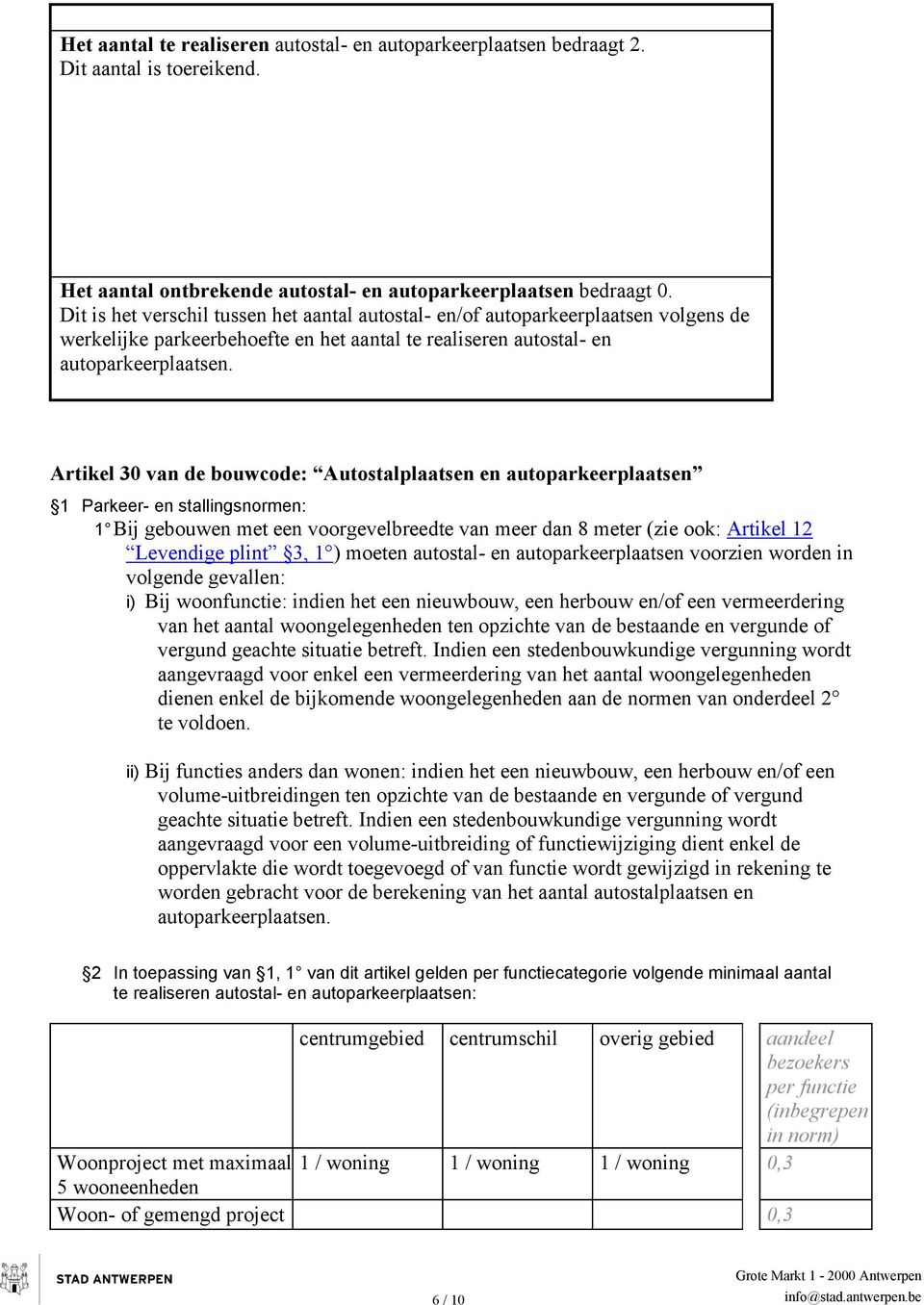 Artikel 30 van de bouwcode: Autostalplaatsen en autoparkeerplaatsen 1 Parkeer- en stallingsnormen: 1 Bij gebouwen met een voorgevelbreedte van meer dan 8 meter (zie ook: Artikel 12 Levendige plint 3,