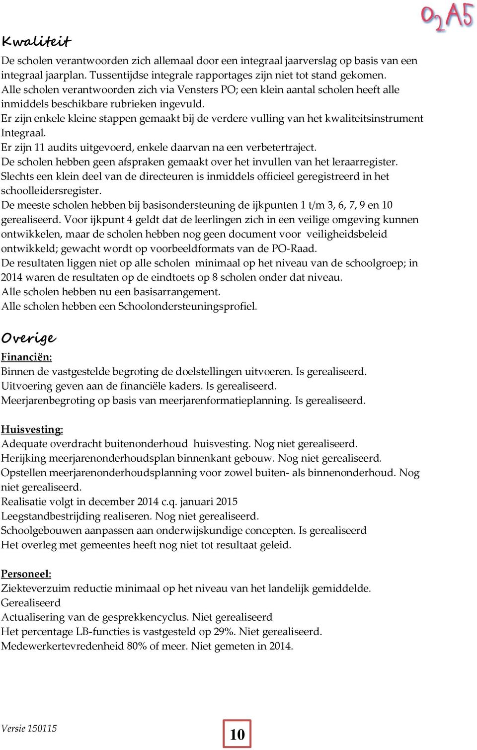 Er zijn enkele kleine stappen gemaakt bij de verdere vulling van het kwaliteitsinstrument Integraal. Er zijn 11 audits uitgevoerd, enkele daarvan na een verbetertraject.