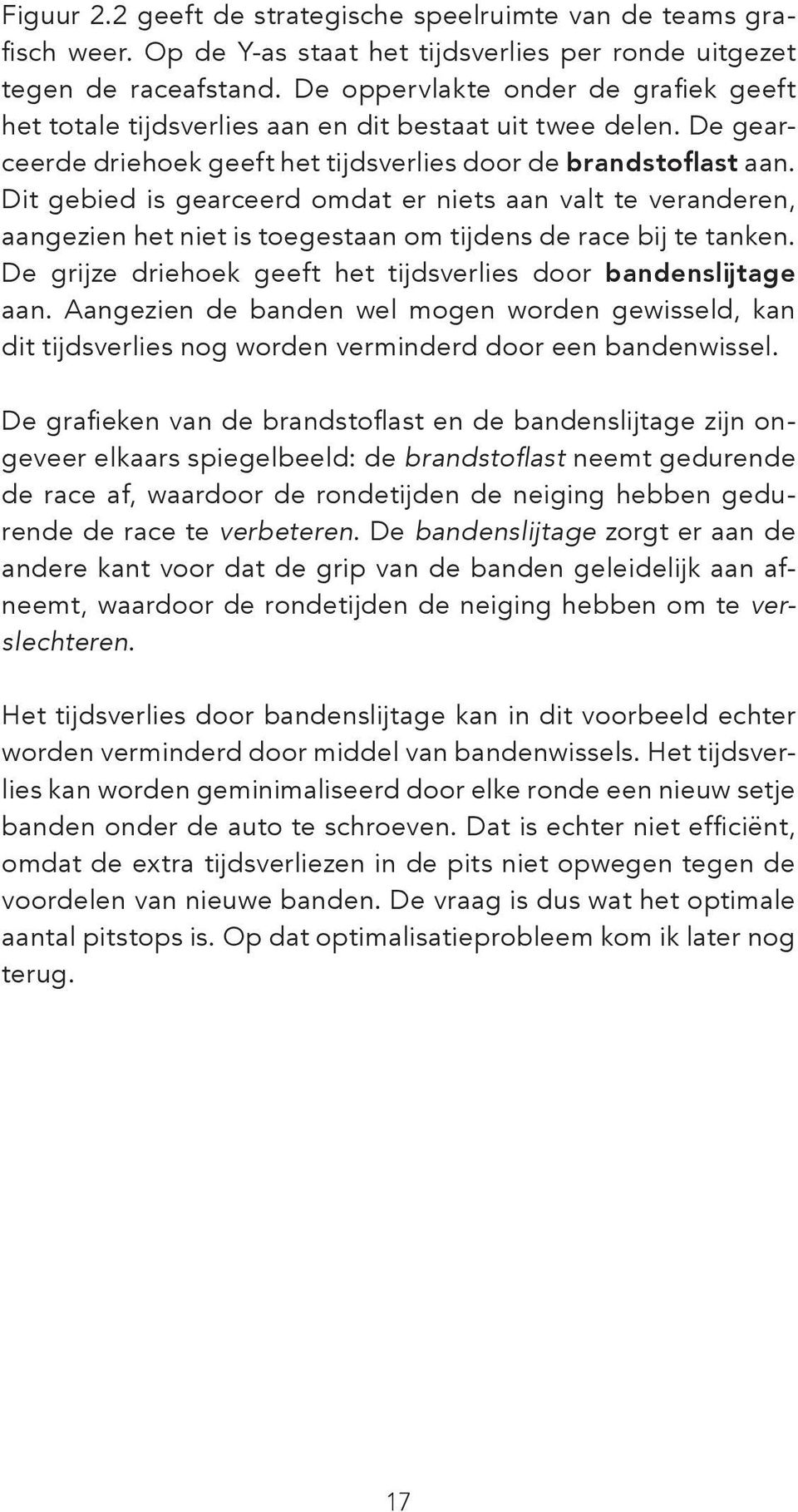 Dit gebied is gearceerd omdat er niets aan valt te veranderen, aangezien het niet is toegestaan om tijdens de race bij te tanken. De grijze driehoek geeft het tijdsverlies door bandenslijtage aan.