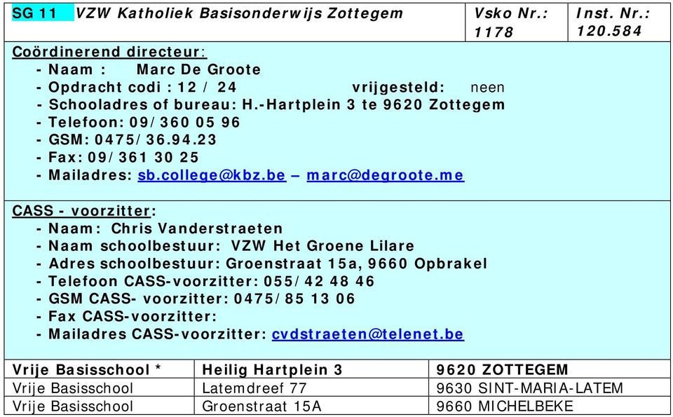 584 - Naam: Chris Vanderstraeten - Naam schoolbestuur: VZW Het Groene Lilare - Adres schoolbestuur: Groenstraat 15a, 9660 Opbrakel - Telefoon CASS-voorzitter: 055/42 48 46 - GSM