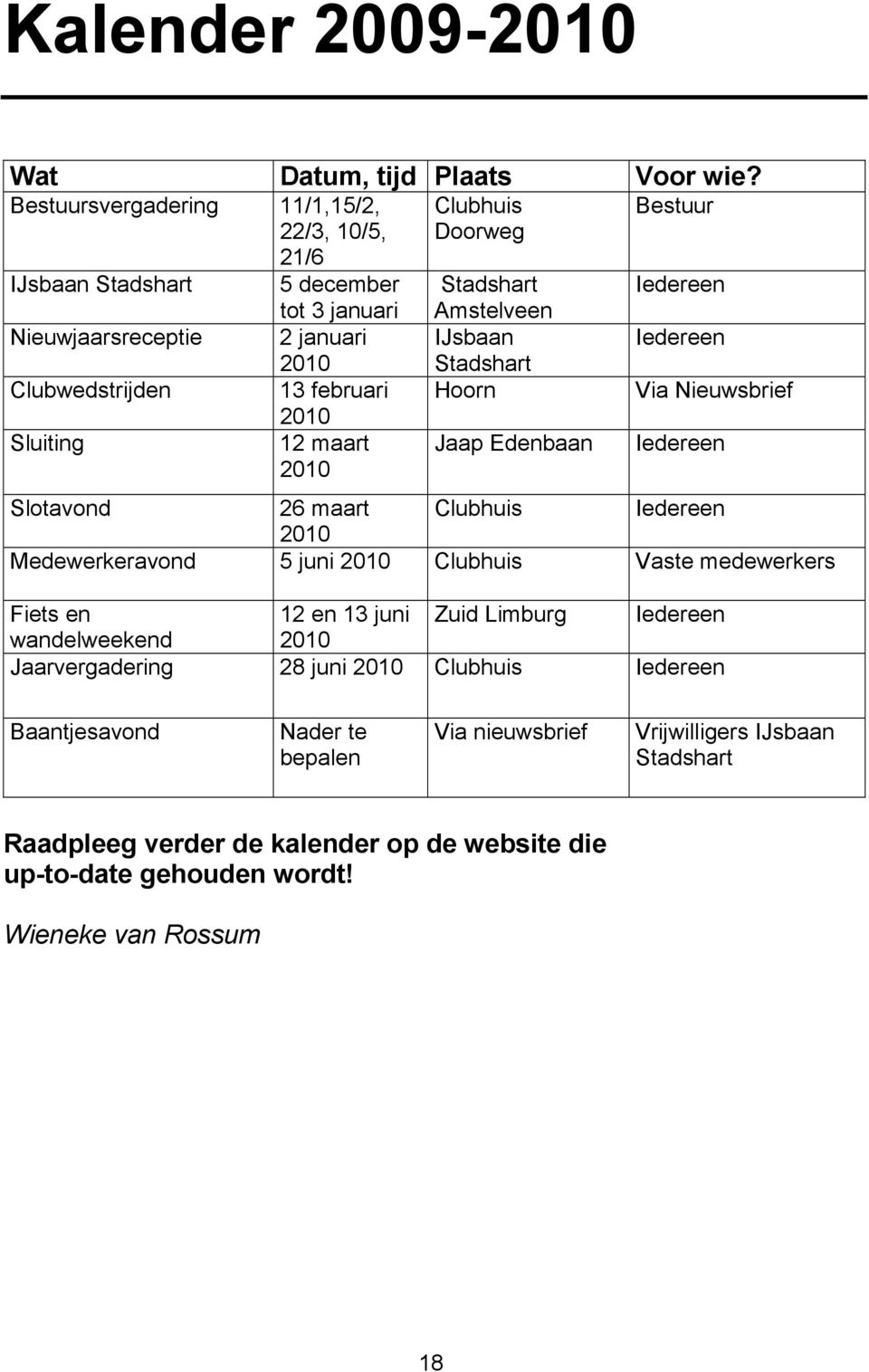 Clubhuis Doorweg Stadshart Amstelveen IJsbaan Stadshart Hoorn Jaap Edenbaan Bestuur Iedereen Iedereen Via Nieuwsbrief Iedereen Slotavond 26 maart Clubhuis Iedereen 2010 Medewerkeravond