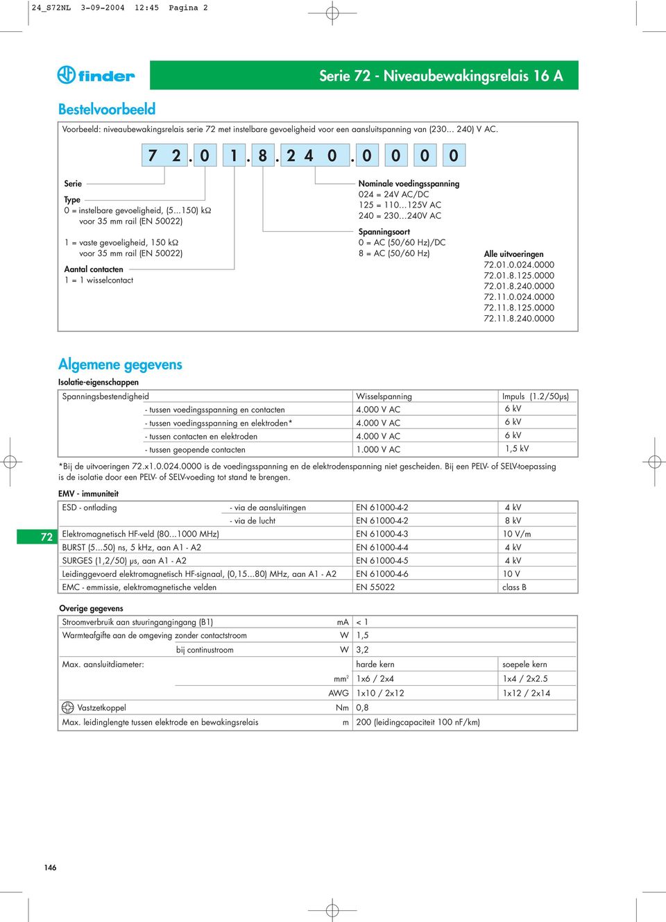 ..150) kω voor 35 mm rail (EN 50022) 1 = vaste gevoeligheid, 150 kω voor 35 mm rail (EN 50022) Aantal contacten 1 = 1 wisselcontact Nominale voedingsspanning 024 = 24V AC/DC 125 = 110 125V AC 240 =