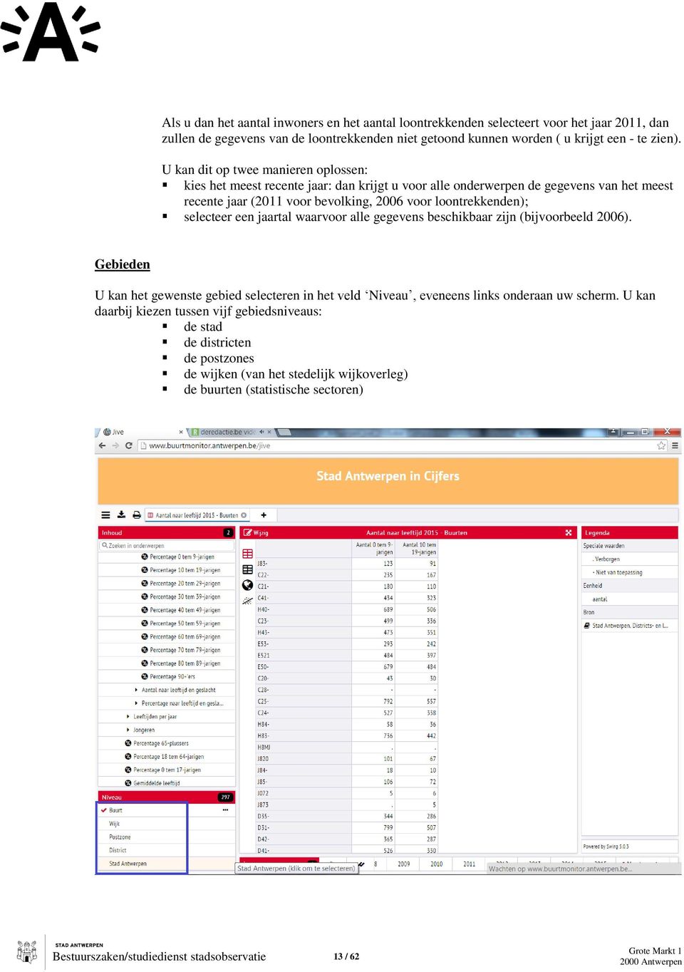 selecteer een jaartal waarvoor alle gegevens beschikbaar zijn (bijvoorbeeld 2006). Gebieden U kan het gewenste gebied selecteren in het veld Niveau, eveneens links onderaan uw scherm.