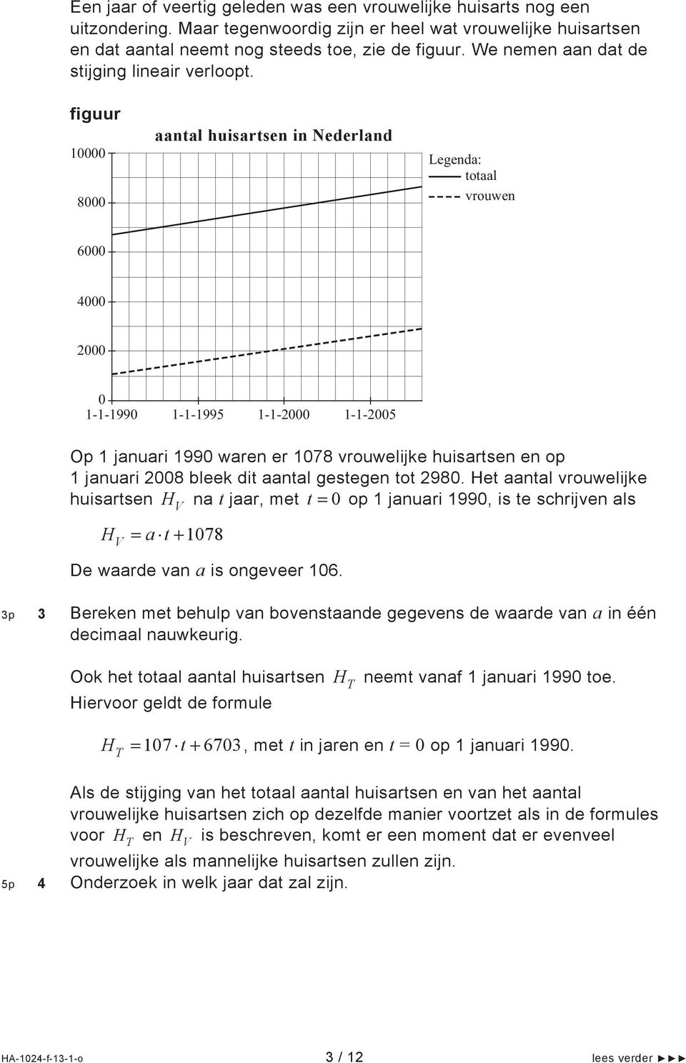 figuur 10000 8000 aantal huisartsen in Nederland Legenda: totaal vrouwen 6000 4000 2000 0 1-1-1990 1-1-1995 1-1-2000 1-1-2005 Op 1 januari 1990 waren er 1078 vrouwelijke huisartsen en op 1 januari