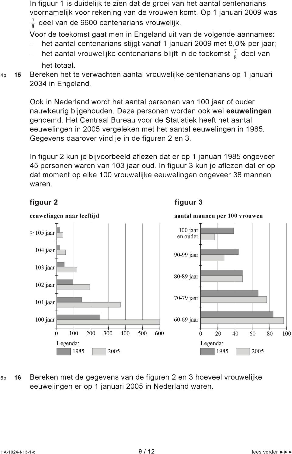 8 deel van het totaal. 4p 15 Bereken het te verwachten aantal vrouwelijke centenarians op 1 januari 2034 in Engeland.