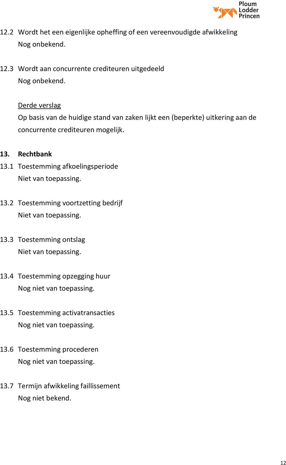 1 Toestemming afkoelingsperiode 13.2 Toestemming voortzetting bedrijf 13.3 Toestemming ontslag 13.4 Toestemming opzegging huur Nog niet van toepassing. 13.5 Toestemming activatransacties Nog niet van toepassing.