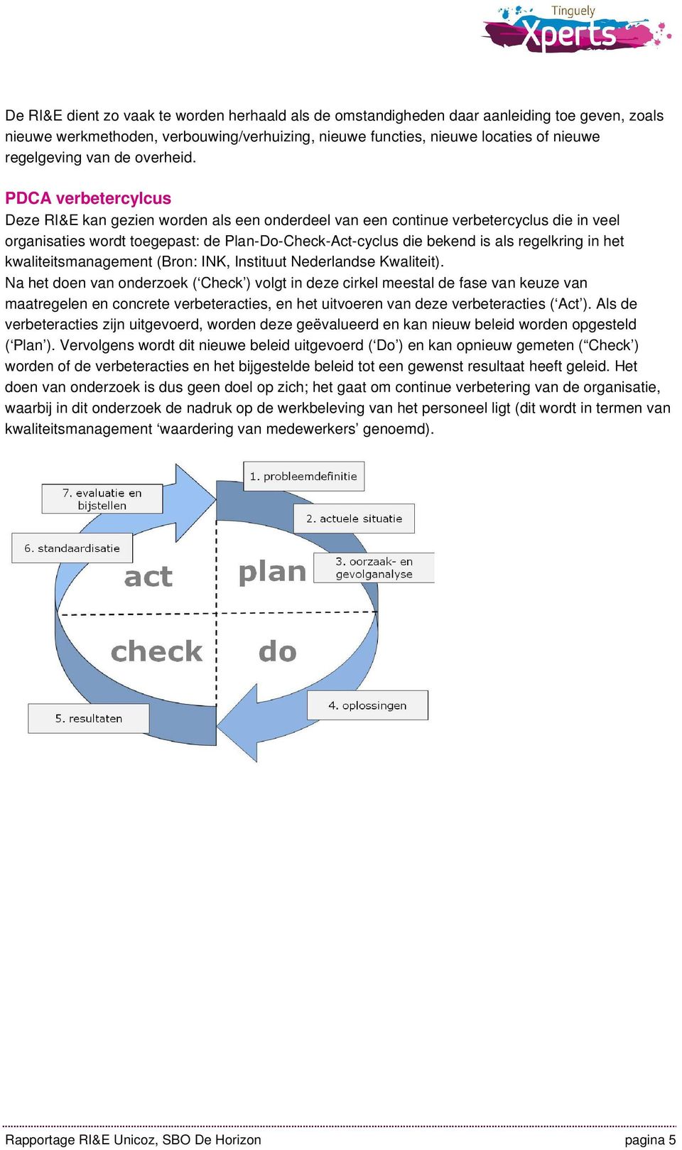 PDCA verbetercylcus Deze RI&E kan gezien worden als een onderdeel van een continue verbetercyclus die in veel organisaties wordt toegepast: de Plan-Do-Check-Act-cyclus die bekend is als regelkring in