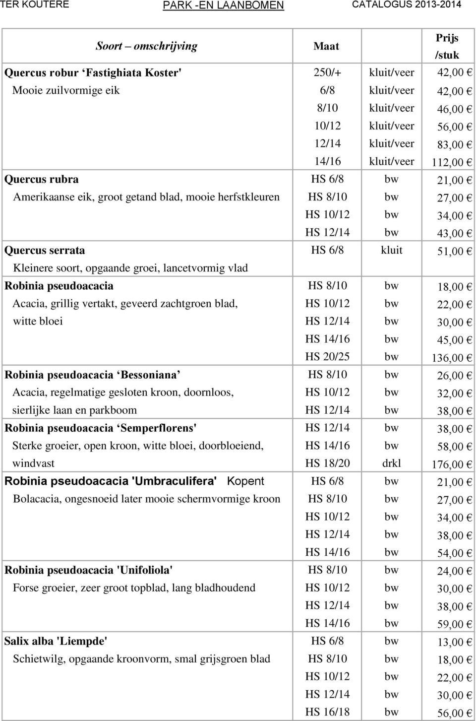 lancetvormig vlad Robinia pseudoacacia HS 8/10 bw 18,00 Acacia, grillig vertakt, geveerd zachtgroen blad, HS 10/12 bw 22,00 witte bloei HS 12/14 bw 30,00 HS 14/16 bw 45,00 HS 20/25 bw 136,00 Robinia