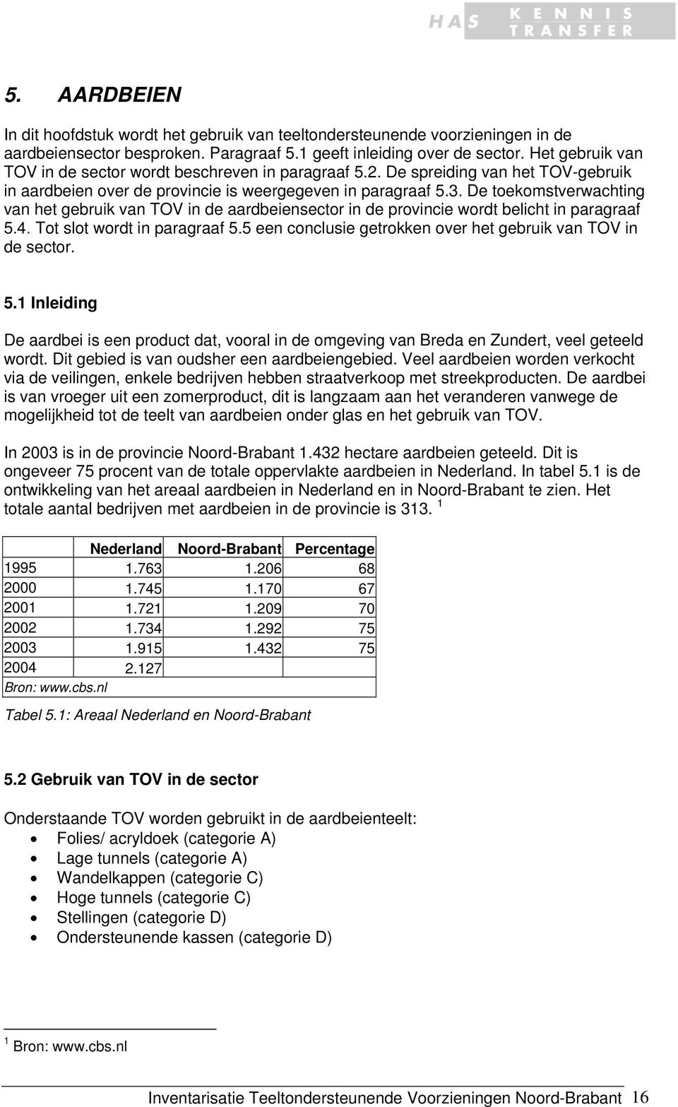 De toekomstverwachting van het gebruik van TOV in de aardbeiensector in de provincie wordt belicht in paragraaf 5.4. Tot slot wordt in paragraaf 5.