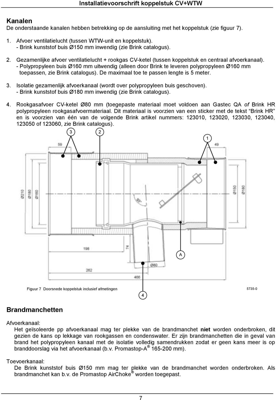 - Polypropyleen buis Ø160 mm uitwendig (alleen door Brink te leveren polypropyleen Ø160 mm toepassen, zie Brink catalogus). De maximaal toe te passen lengte is 5 meter. 3.