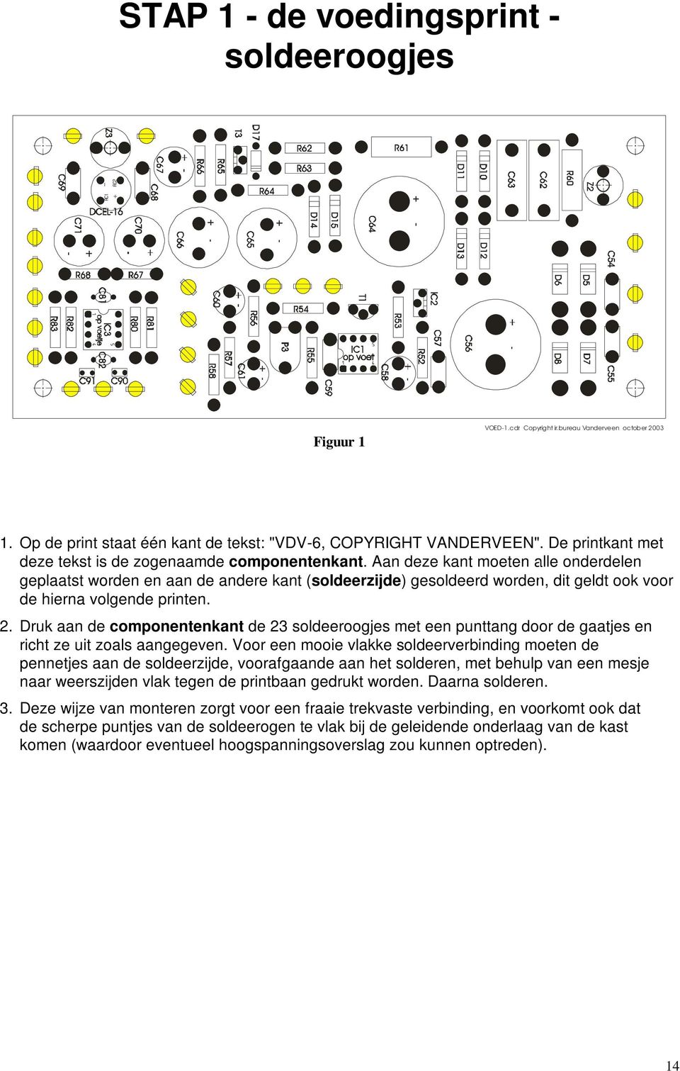 Aan deze kant moeten alle onderdelen geplaatst worden en aan de andere kant (soldeerzijde) gesoldeerd worden, dit geldt ook voor de hierna volgende printen. 2.