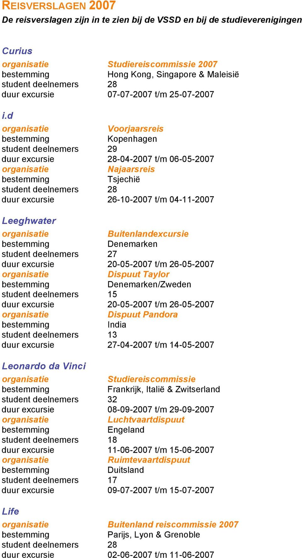 d Voorjaarsreis Kopenhagen student deelnemers 29 duur excursie 28-04-2007 t/m 06-05-2007 Najaarsreis Tsjechië student deelnemers 28 duur excursie 26-10-2007 t/m 04-11-2007 Leeghwater