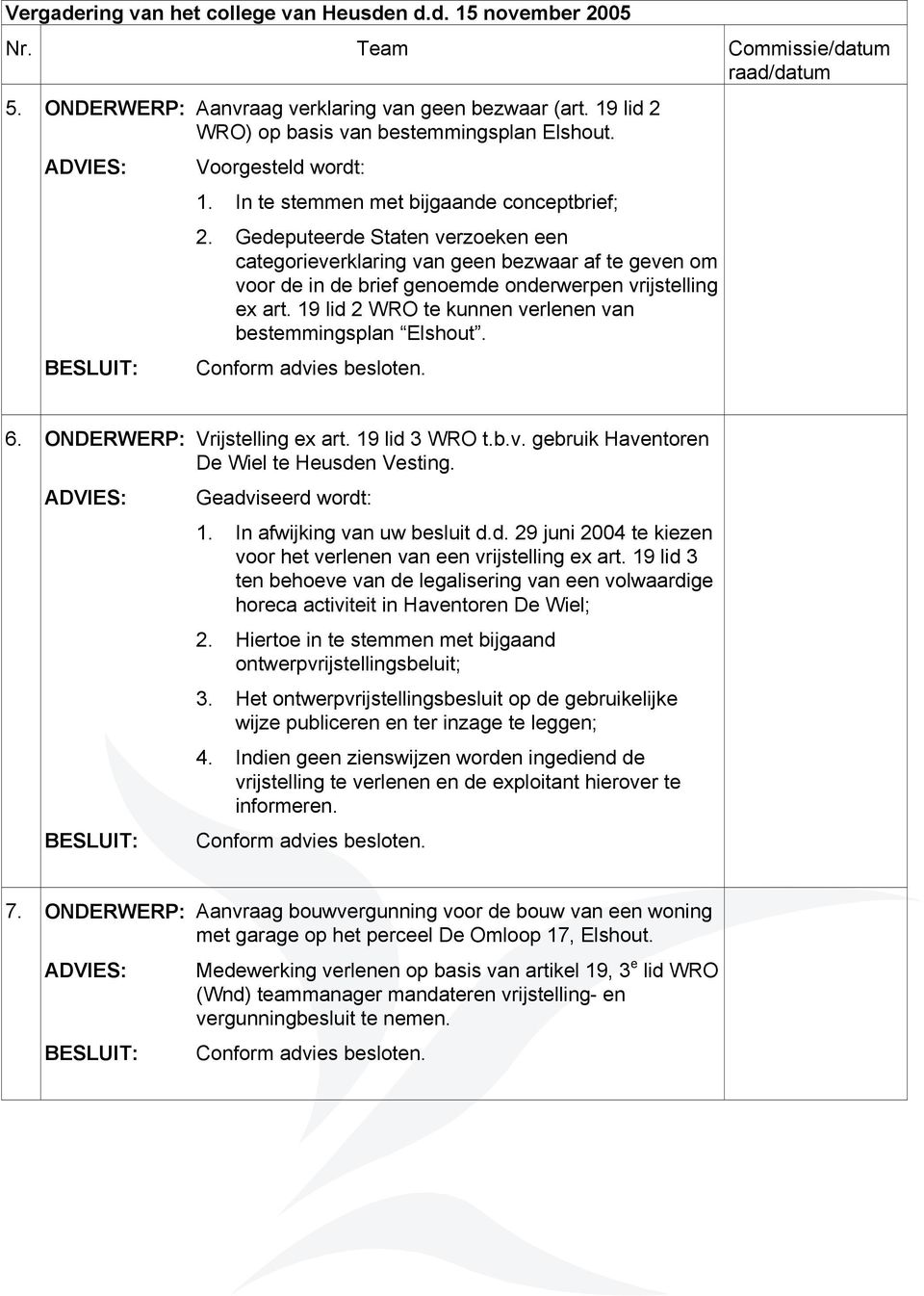 19 lid 2 WRO te kunnen verlenen van bestemmingsplan Elshout. 6. ONDERWERP: Vrijstelling ex art. 19 lid 3 WRO t.b.v. gebruik Haventoren De Wiel te Heusden Vesting. Geadviseerd wordt: 1.