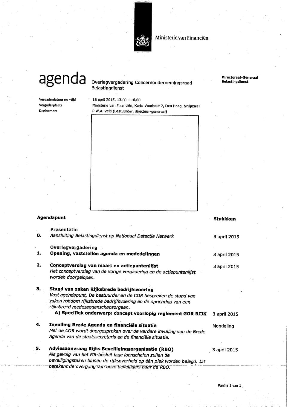 Veld (Bestuurder, directeur-generaal) Agendapunt Stukkken Presentatie Aansluiting op Nationaal Detectie Netwerk 3 april 2015 Overlegvergadering 1.