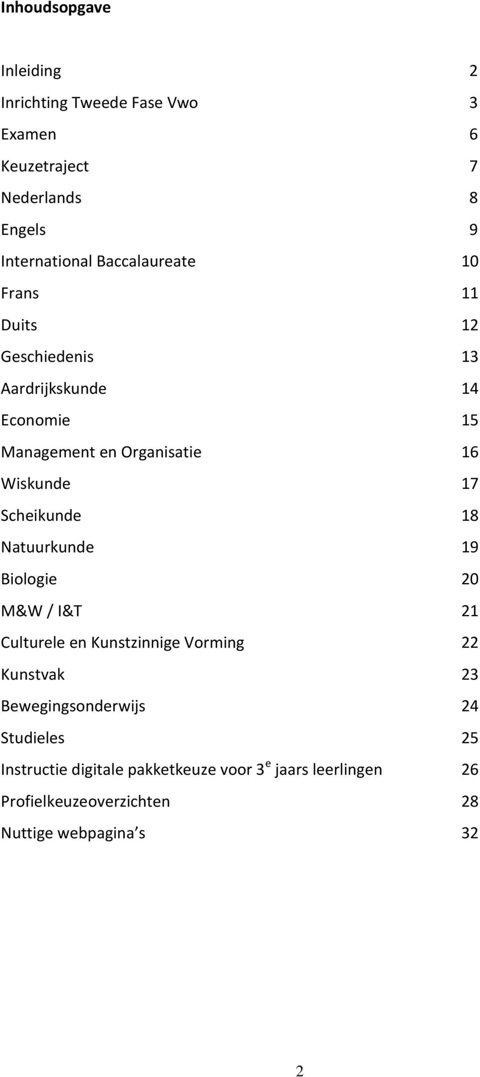 Scheikunde 18 Natuurkunde 19 Biologie 20 M&W / I&T 21 Culturele en Kunstzinnige Vorming 22 Kunstvak 23 Bewegingsonderwijs