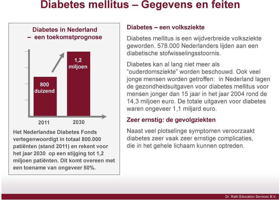 Diabetes een volksziekte Diabetes mellitus is een wijdverbreide volksziekte geworden. 578.000 Nederlanders lijden aan een diabetische stofwisselingsstoornis.