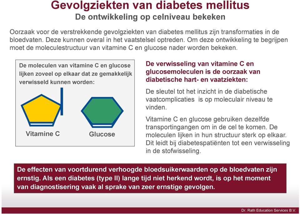 De moleculen van vitamine C en glucose lijken zoveel op elkaar dat ze gemakkelijk verwisseld kunnen worden: De verwisseling van vitamine C en glucosemoleculen is de oorzaak van diabetische hart- en