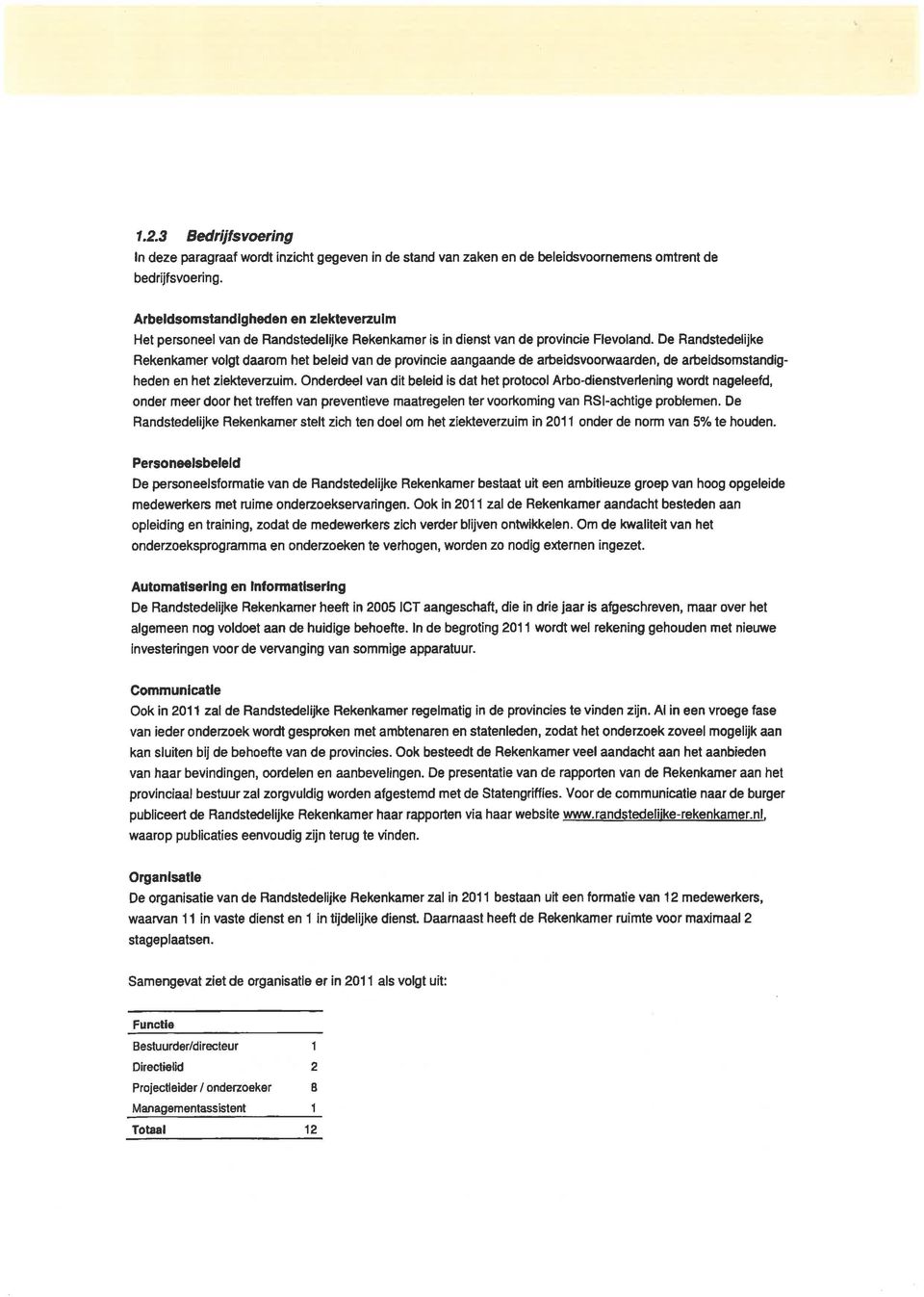 De Randstedelijke Rekenkamer volgt daarom het beleid van de provincie aangaande de arbeidsvoorwaarden, de arbeldsomstandigheden en het ziekteverzuim.