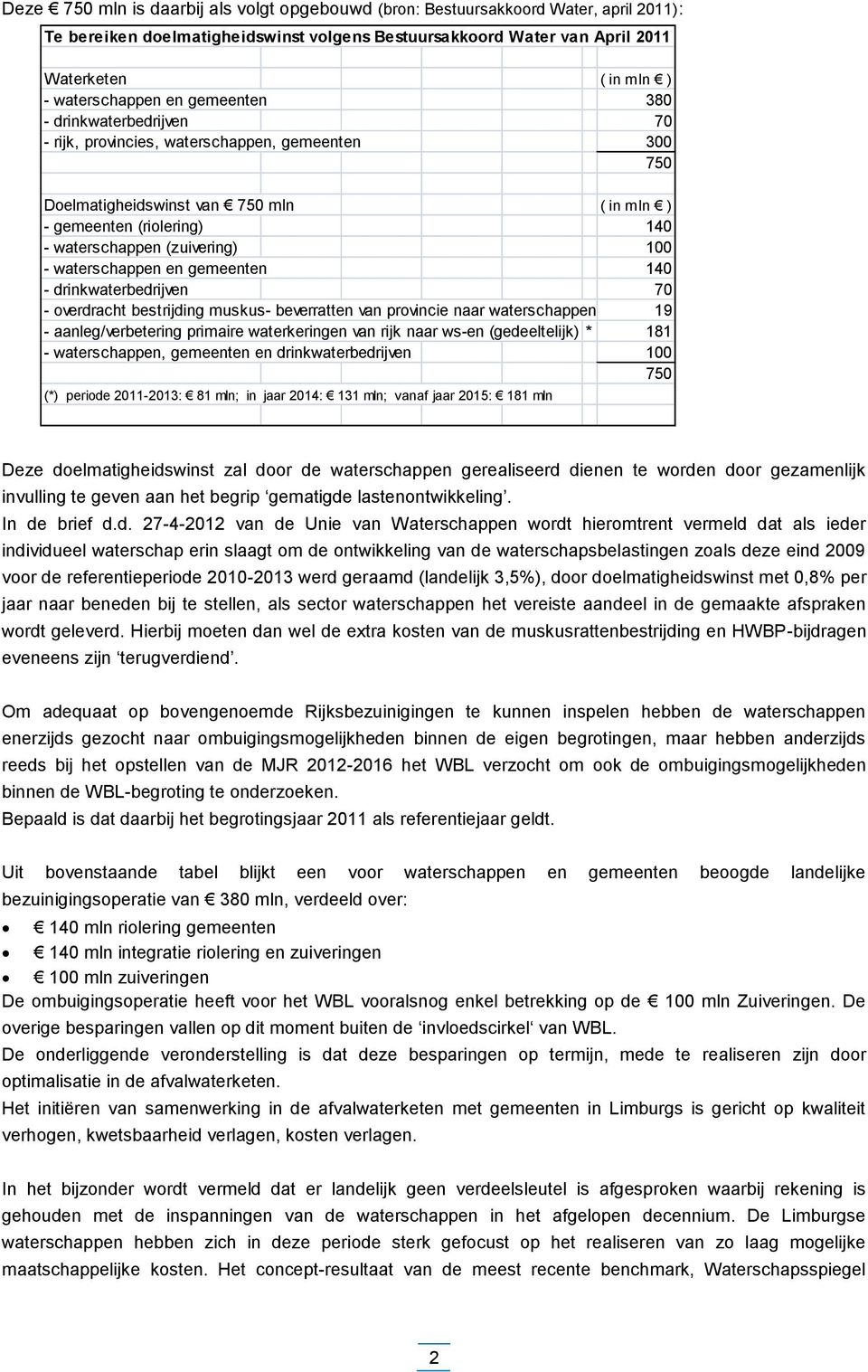 (zuivering) 100 - waterschappen en gemeenten 140 - drinkwaterbedrijven 70 - overdracht bestrijding muskus- beverratten van provincie naar waterschappen 19 - aanleg/verbetering primaire waterkeringen