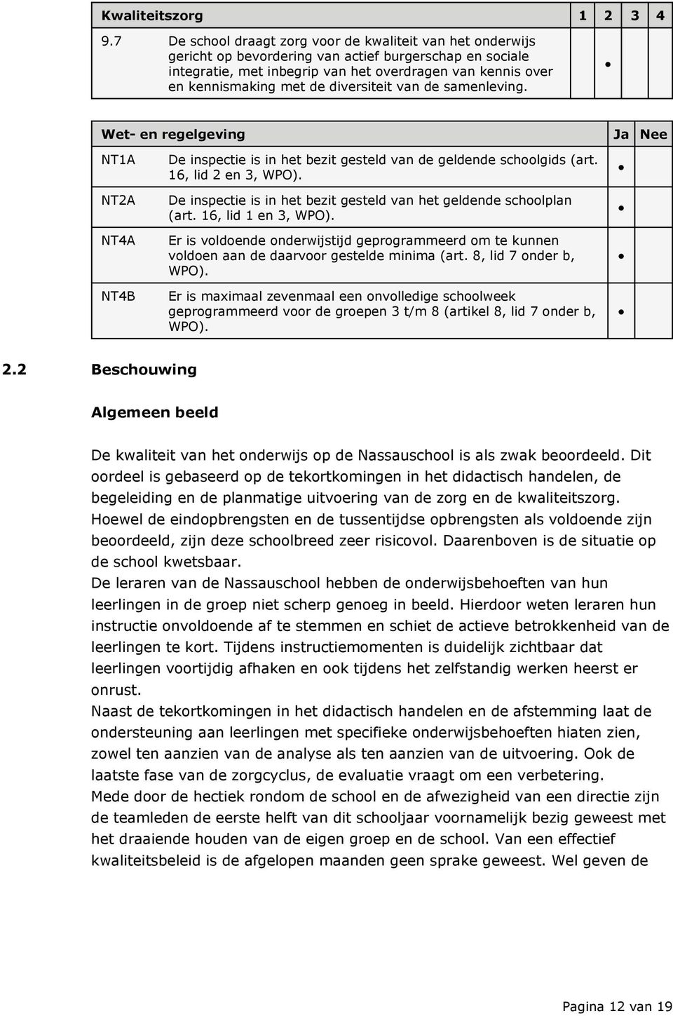 diversiteit van de samenleving. Wet- en regelgeving Ja Nee NT1A NT2A NT4A NT4B De inspectie is in het bezit gesteld van de geldende schoolgids (art. 16, lid 2 en 3, WPO).