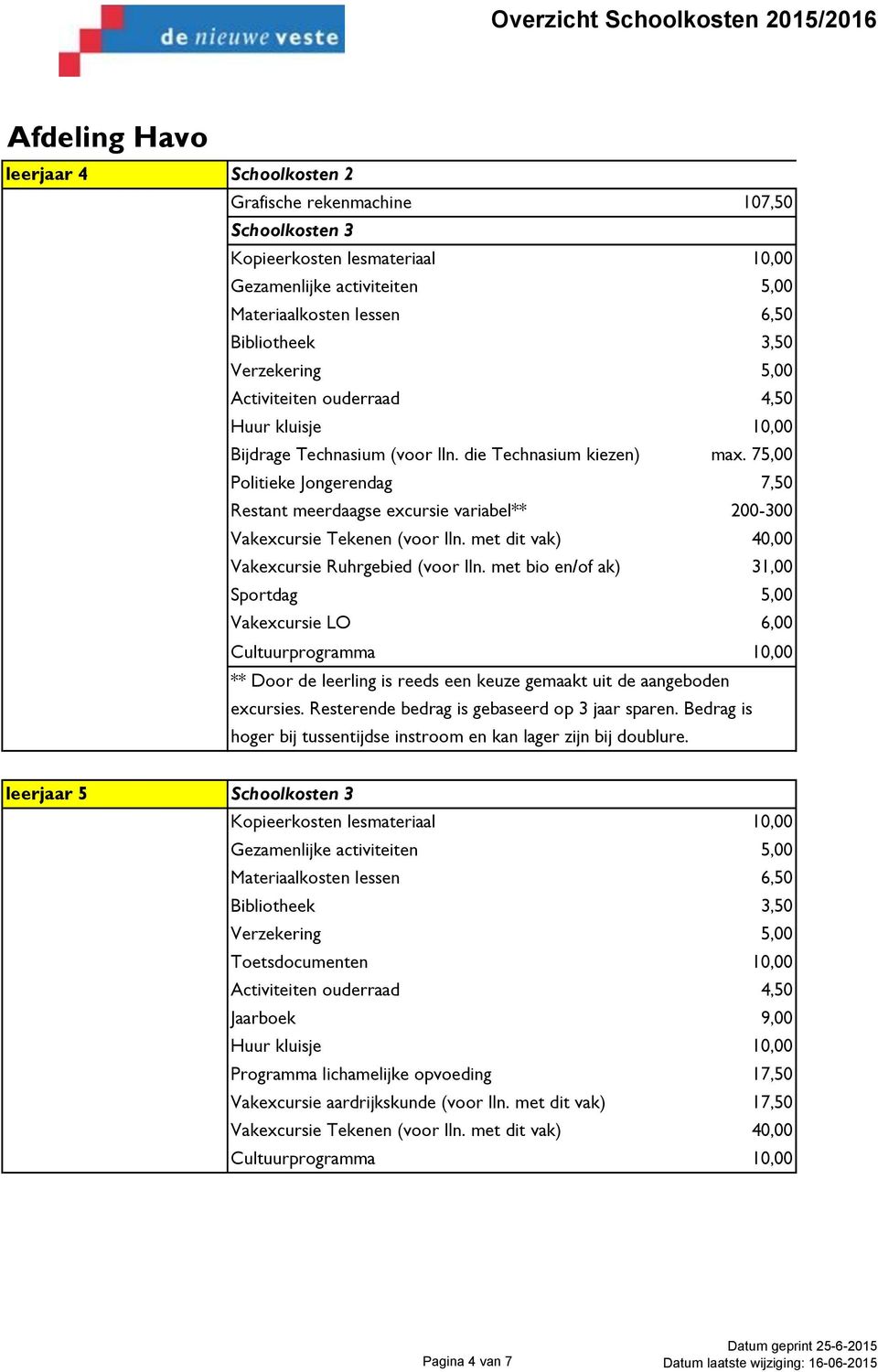 met bio en/of ak) 31,00 Vakexcursie LO 6,00 ** Door de leerling is reeds een keuze gemaakt uit de aangeboden excursies.