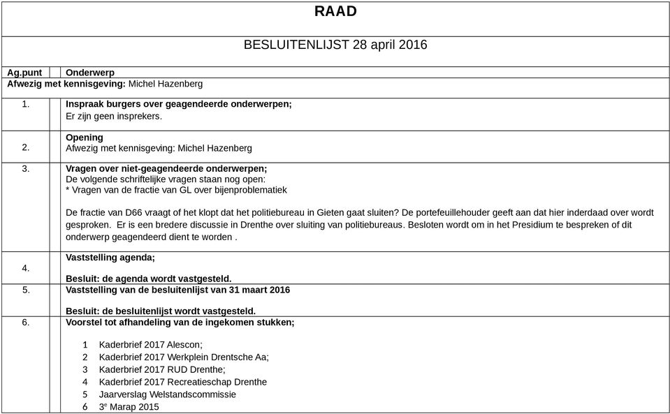 politiebureau in Gieten gaat sluiten? De portefeuillehouder geeft aan dat hier inderdaad over wordt gesproken. Er is een bredere discussie in Drenthe over sluiting van politiebureaus.