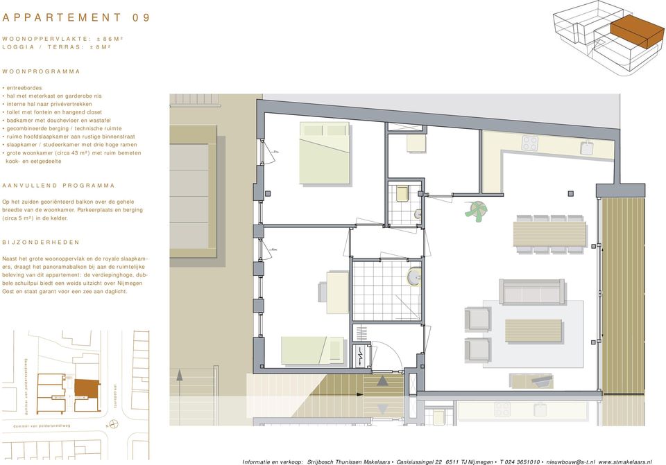 georiënteerd balkon over de gehele breedte van de woonkamer. Parkeerplaats en berging (circa 5 m²) in de kelder.