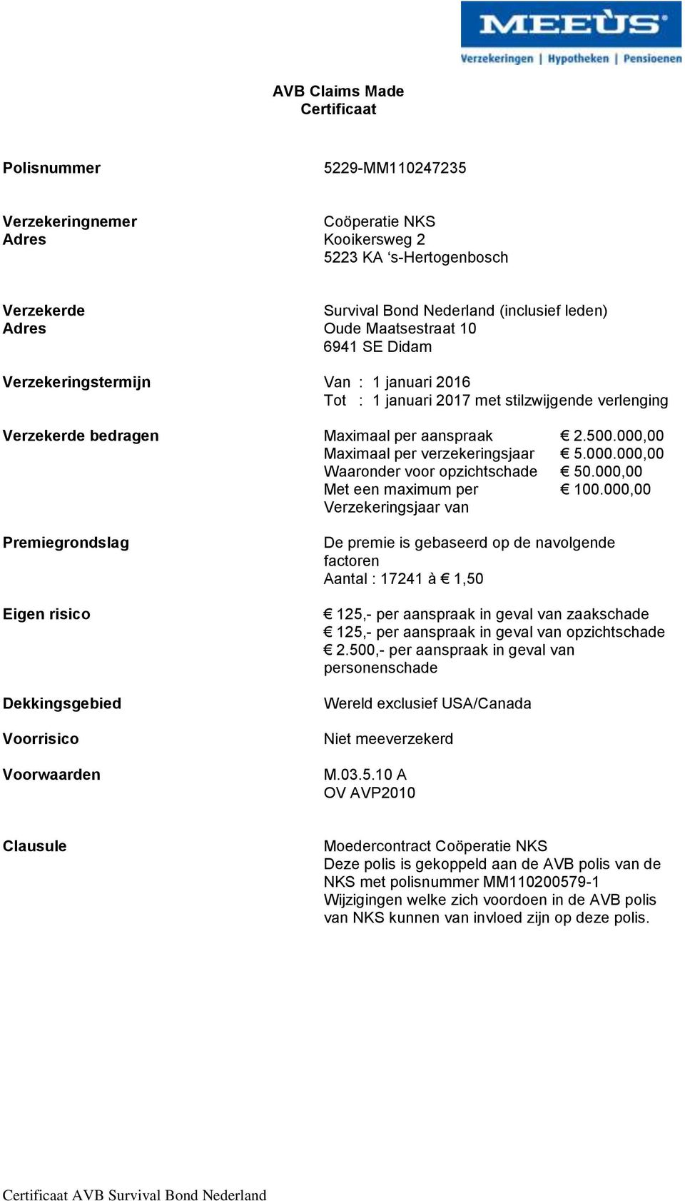 000,00 Maximaal per verzekeringsjaar 5.000.000,00 Waaronder voor opzichtschade 50.000,00 Met een maximum per 100.