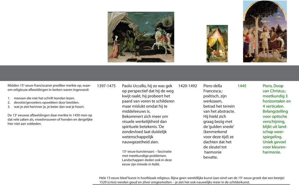 1397-1475 Paolo Uccello, hij zo was gek op perspectief dat hij de weg kwijt raakt, hij probeert het paard van voren te schilderen maar mislukt omdat hij te middeleeuws is.