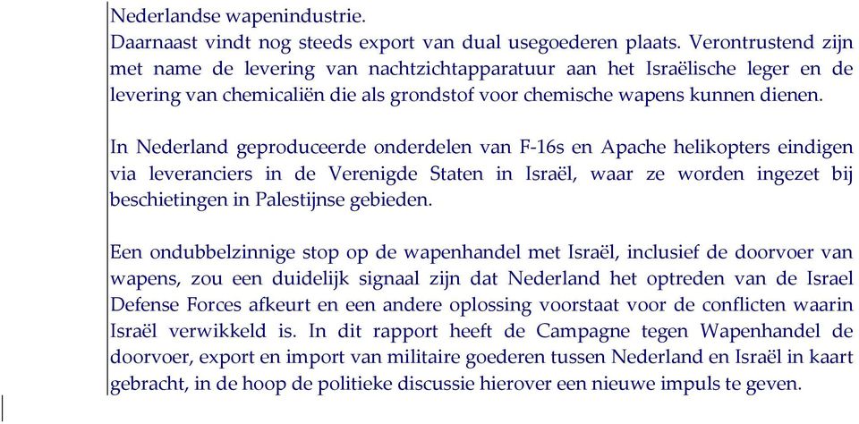 In Nederland geproduceerde onderdelen van F-16s en Apache helikopters eindigen via leveranciers in de Verenigde Staten in Israël, waar ze worden ingezet bij beschietingen in Palestijnse gebieden.