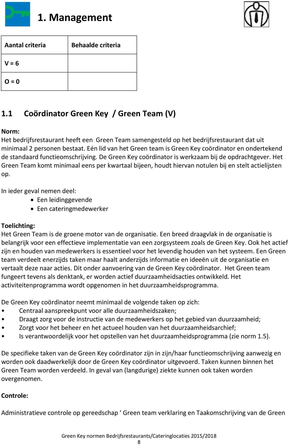 Eén lid van het Green team is Green Key coördinator en ondertekend de standaard functieomschrijving. De Green Key coördinator is werkzaam bij de opdrachtgever.