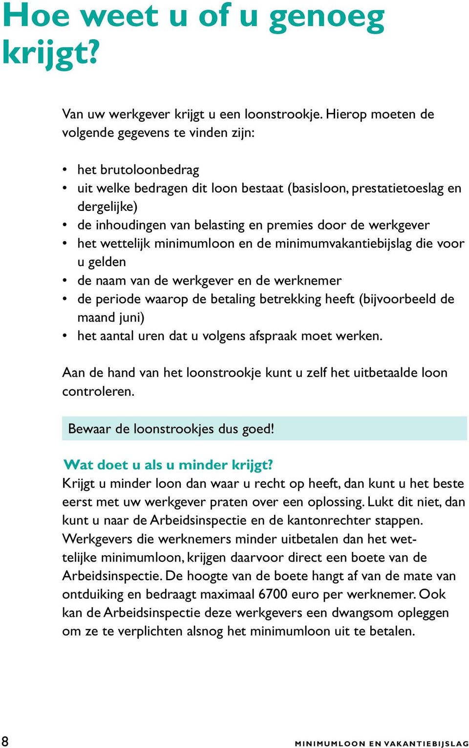 werkgever het wettelijk minimumloon en de minimumvakantiebijslag die voor u gelden de naam van de werkgever en de werknemer de periode waarop de betaling betrekking heeft (bijvoorbeeld de maand juni)