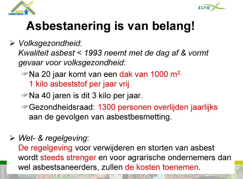 van 1000 m 2, 1 kilo asbeststof per jaar vrij Na 40 jaren is dit 3 kilo per jaar.