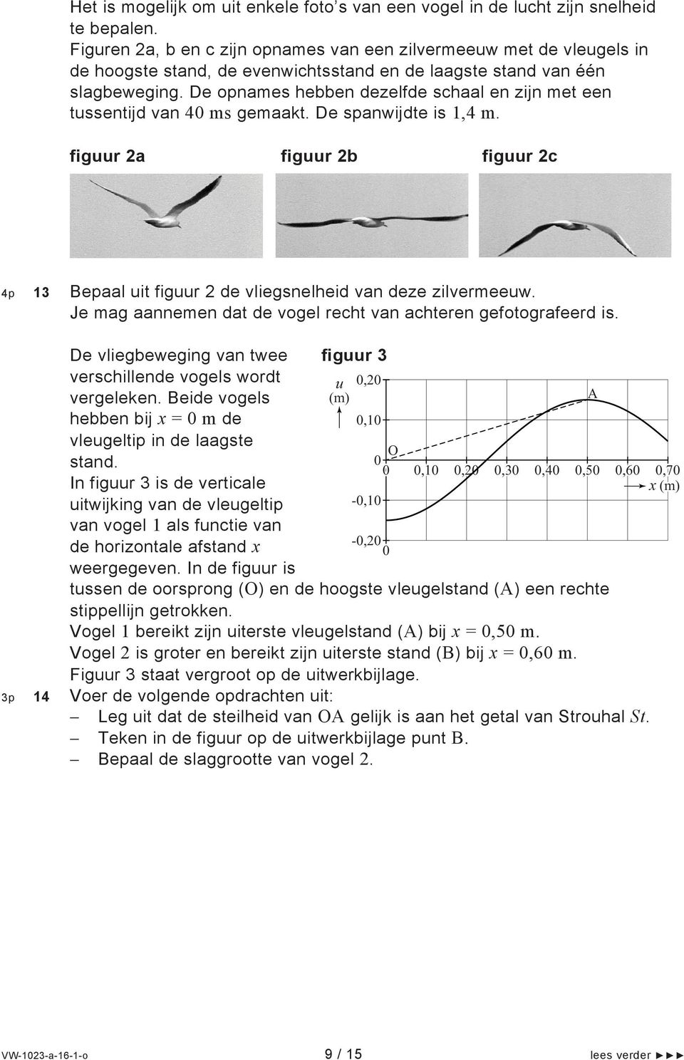 De opnames hebben dezelfde schaal en zijn met een tussentijd van 4 ms gemaakt. De spanwijdte is 1,4 m. figuur 2a figuur 2b figuur 2c 4p 13 Bepaal uit figuur 2 de vliegsnelheid van deze zilvermeeuw.