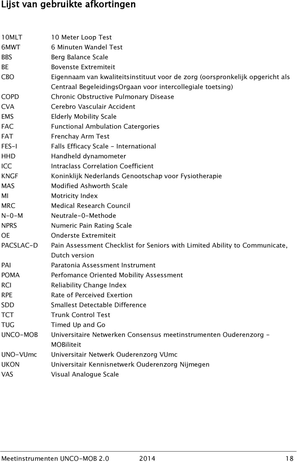 Catergories FAT Frenchay Arm Test FES-I Falls Efficacy Scale - International HHD Handheld dynamometer ICC Intraclass Correlation Coefficient KNGF Koninklijk Nederlands Genootschap voor Fysiotherapie