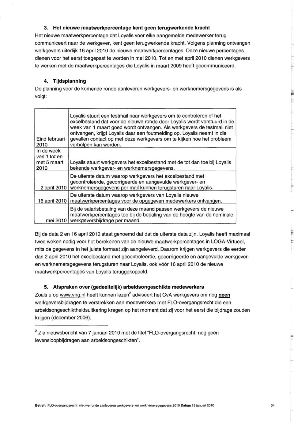 Tot en met april 2010 dienen werkgevers te werken met de maatwerkpercentages die Loyalis in maart 2009 heeft gecommuniceerd. 4.