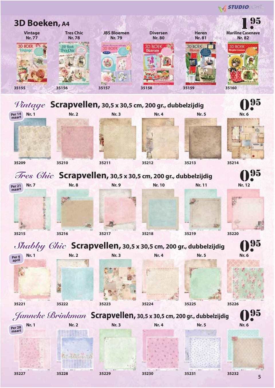 95 Tres Chic Scrapvellen, 30,5 x 30,5 cm, 200 gr., dubbelzijdig Per 21 maart Nr. 8 Nr. 7 35215 35216 Nr. 9 35217 Nr. 10 35218 Nr. 11 35219 Nr. 12 35220 0.