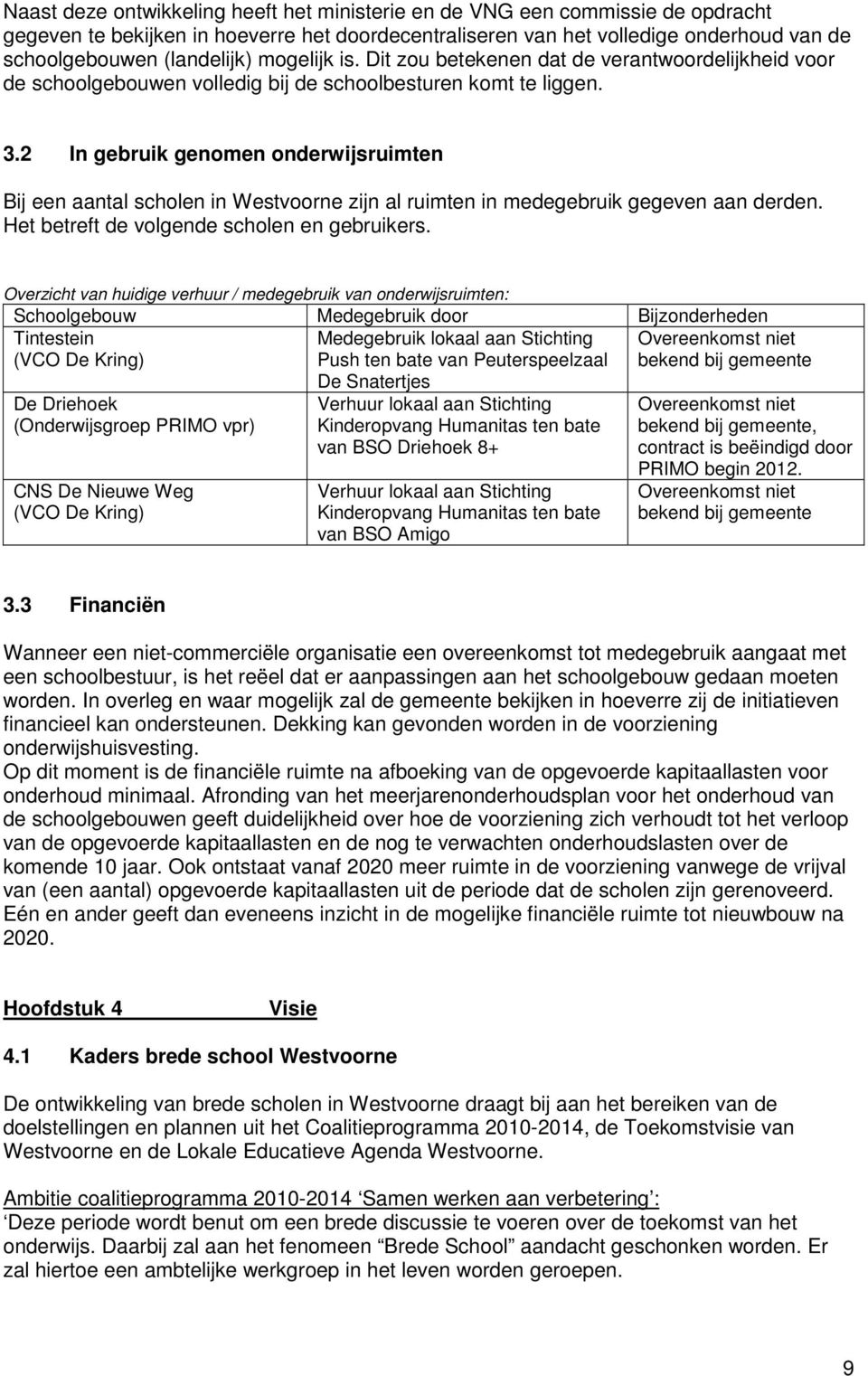 2 In gebruik genomen onderwijsruimten Bij een aantal scholen in Westvoorne zijn al ruimten in medegebruik gegeven aan derden. Het betreft de volgende scholen en gebruikers.