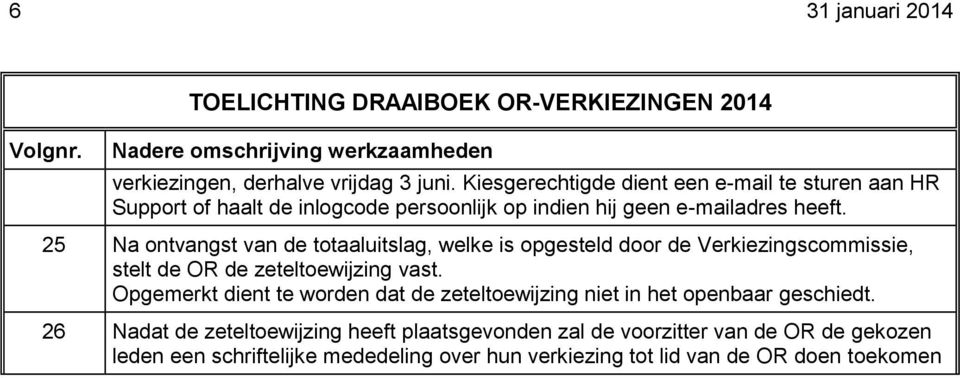 25 Na ontvangst van de totaaluitslag, welke is opgesteld door de Verkiezingscommissie, stelt de OR de zeteltoewijzing vast.