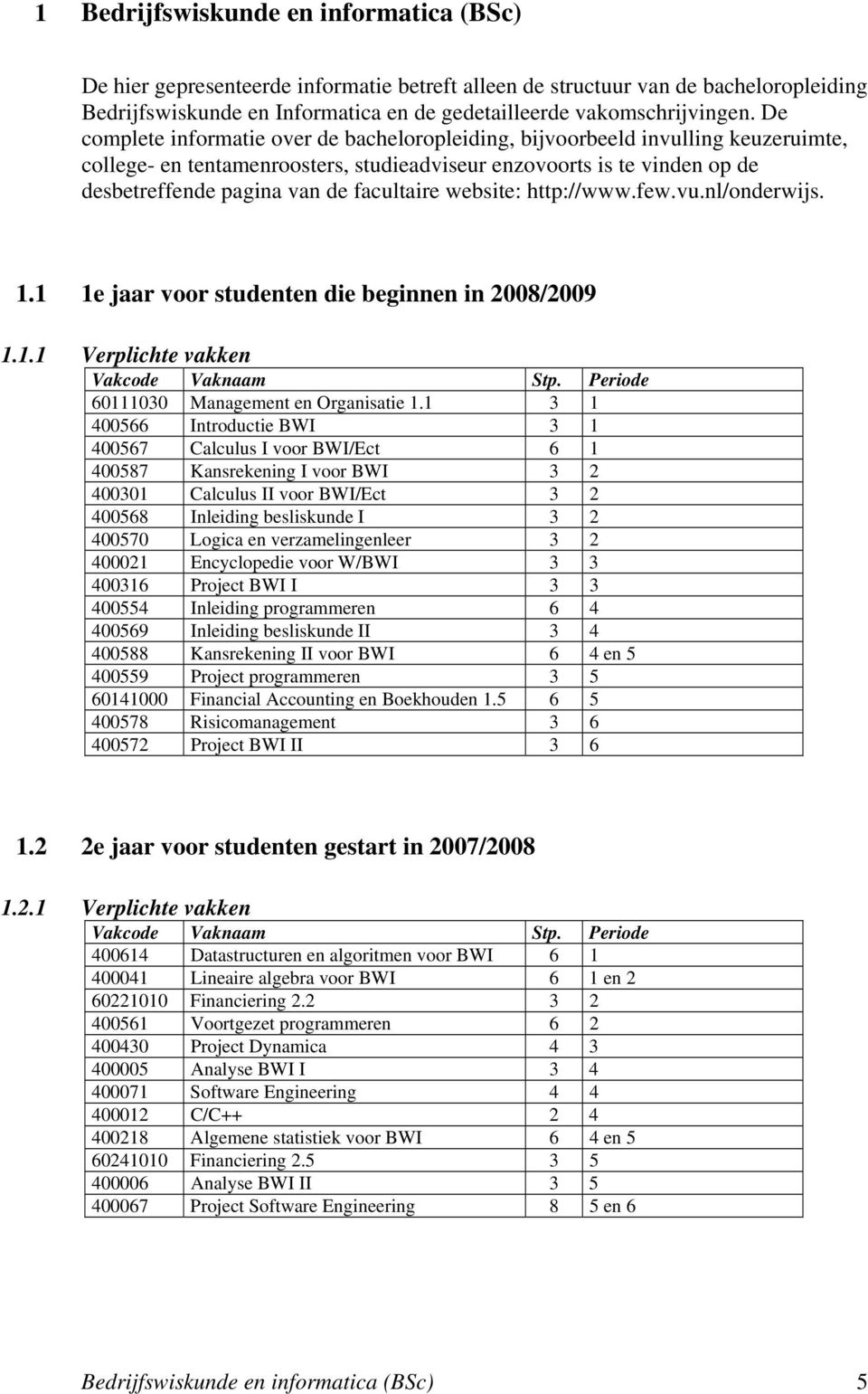 facultaire website: http://www.few.vu.nl/onderwijs. 1.1 1e jaar voor studenten die beginnen in 2008/2009 1.1.1 Verplichte vakken Vakcode Vaknaam Stp. Periode 60111030 Management en Organisatie 1.
