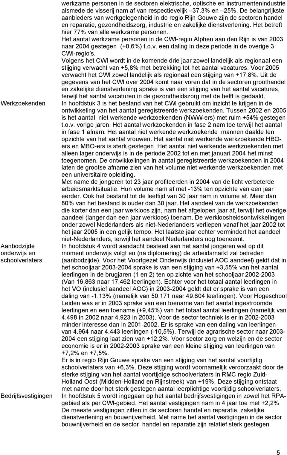 Het betreft hier 77% van alle werkzame personen. Het aantal werkzame personen in de CWI-regio Alphen aan den Rijn is van 2003 naar 2004 gestegen (+0,6%) t.o.v. een daling in deze periode in de overige 3 CWI-regio s.