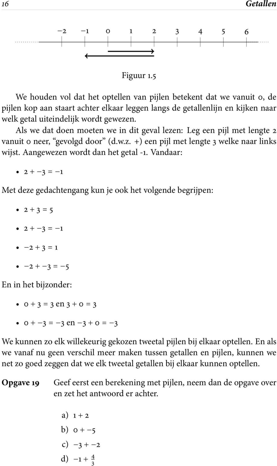 Als we dat doen moeten we in dit geval lezen: Leg een pijl met lengte 2 vanuit 0 neer, gevolgd door (d.w.z. +) een pijl met lengte 3 welke naar links wijst. Aangewezen wordt dan het getal-1.